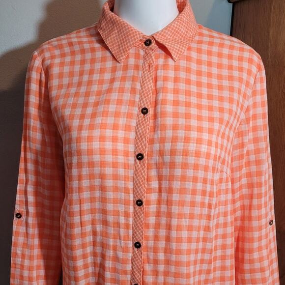 G.H. Bass Orange Gingham Plaid Button-Down Shirt  Womens Medium Preppy Gorpcore - Picture 7 of 9